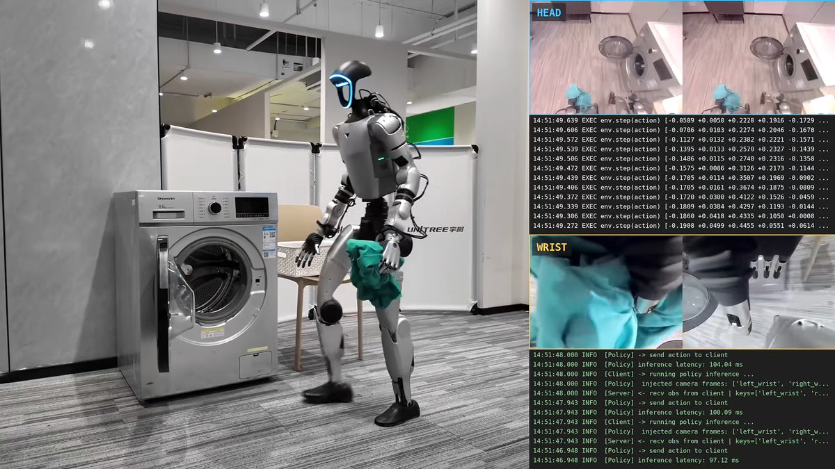 Unitree humanoid running UnifoLM-WLA-1.0 loading a washing machine